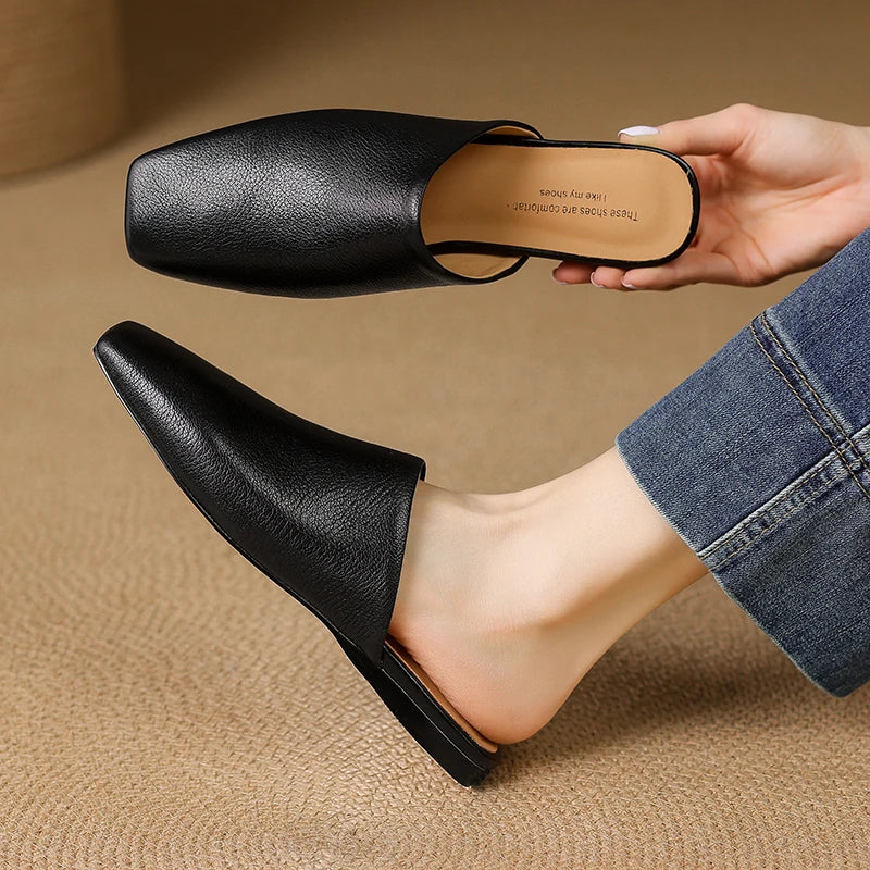 2026 Summer Women Shoes Square Toe Flat Shoes Slippers Fashion Cowhide Leather Shoes for Women Casual Mules for Women Sandals