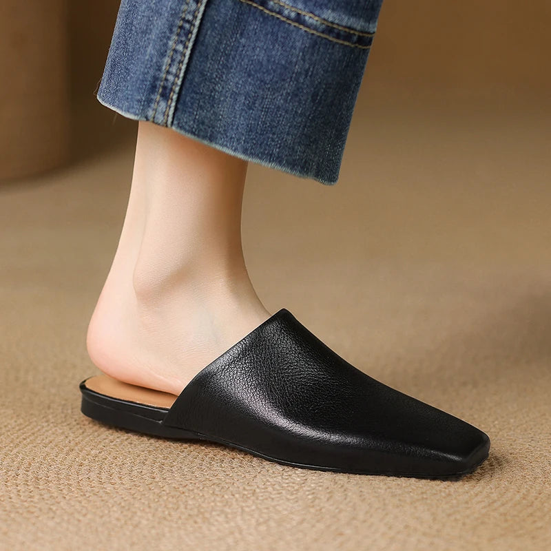 2026 Summer Women Shoes Square Toe Flat Shoes Slippers Fashion Cowhide Leather Shoes for Women Casual Mules for Women Sandals