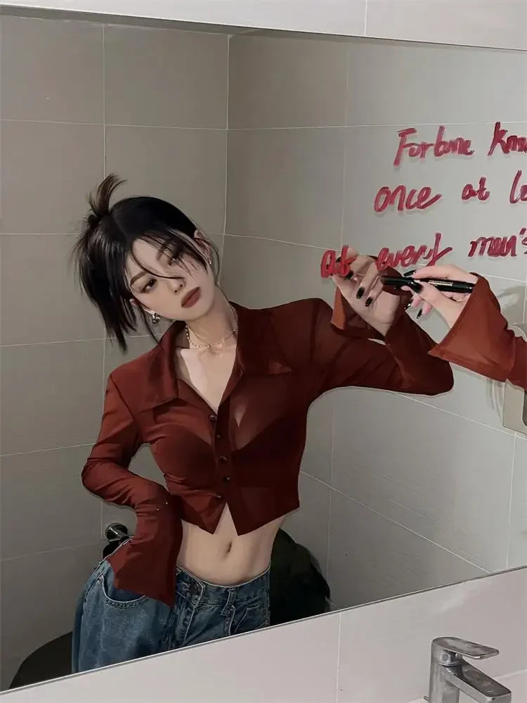 Streetwear Shirts for Women Turn-down Collar Young Students Fashion Clothing All-match Spring Summer Tops Sheer Thin Ins 2025