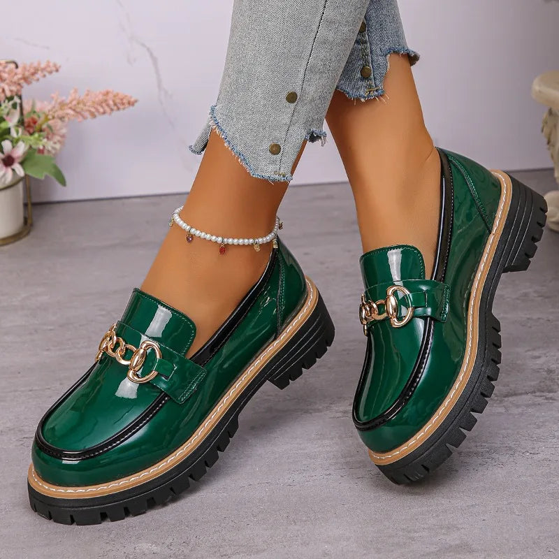 2026 Female Shoes Women Fashion Janes Round Toe Flats Loafers Oxfords Platform Casual Metal Chain Buckle Ladies Heels Black