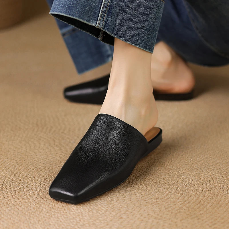 2026 Summer Women Shoes Square Toe Flat Shoes Slippers Fashion Cowhide Leather Shoes for Women Casual Mules for Women Sandals