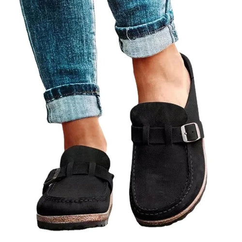 2026 New Women's Shoes Slip on Female Flats Durable Belt Buckles Mules Fashion Wear Resistant Women Half Slippers Retro Zapatos