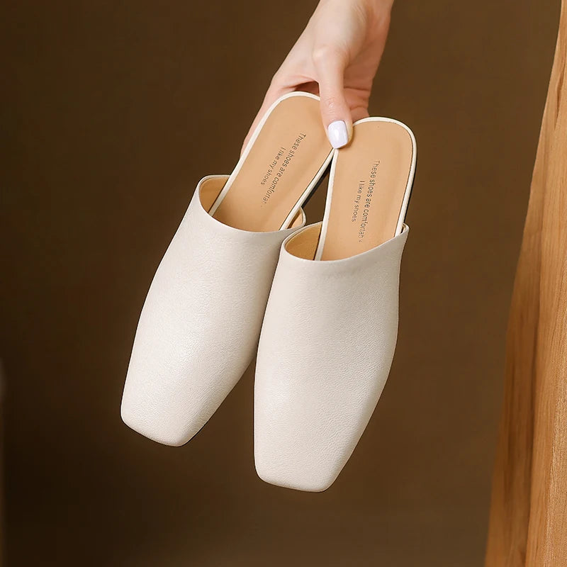 2026 Summer Women Shoes Square Toe Flat Shoes Slippers Fashion Cowhide Leather Shoes for Women Casual Mules for Women Sandals