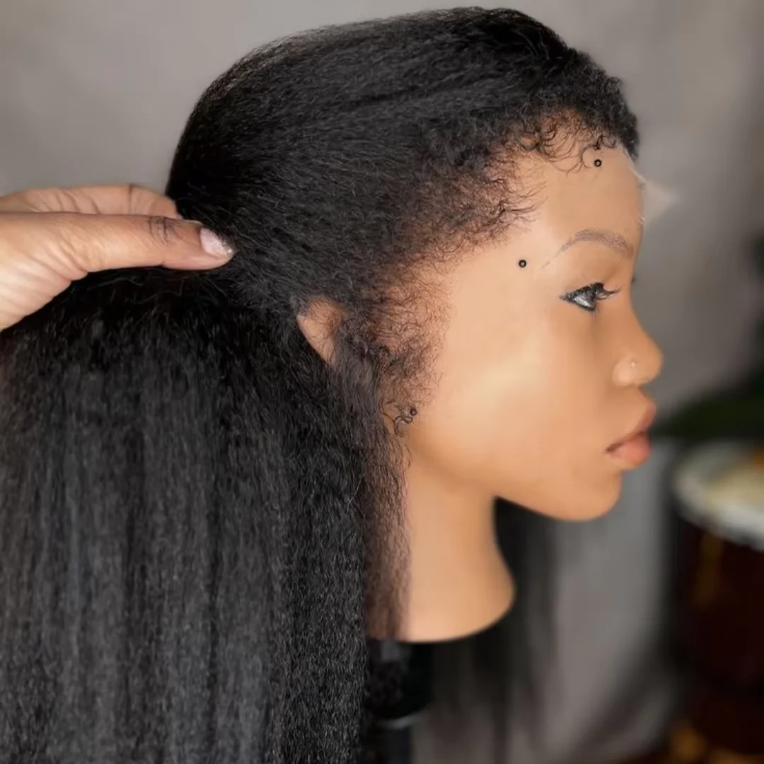 Natural Black 26“ Long Kinky Straight 180Density Yaki Glueless 13x4 Lace Front Wig For Women BabyHair Preplucked Heat Resistant