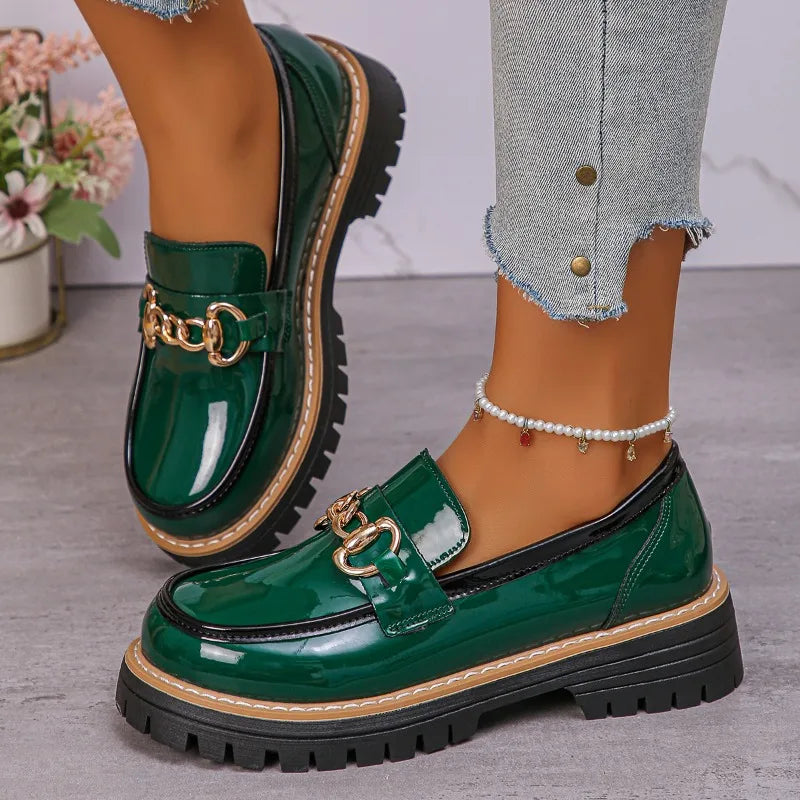 2026 Female Shoes Women Fashion Janes Round Toe Flats Loafers Oxfords Platform Casual Metal Chain Buckle Ladies Heels Black