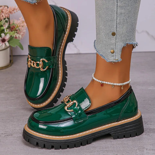 2026 Female Shoes Women Fashion Janes Round Toe Flats Loafers Oxfords Platform Casual Metal Chain Buckle Ladies Heels Black