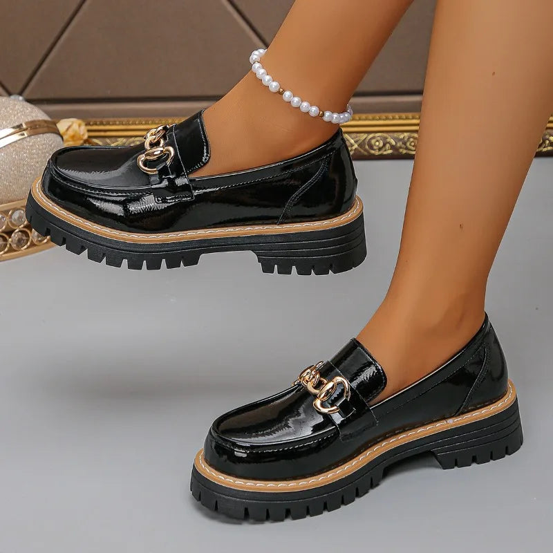 2026 Female Shoes Women Fashion Janes Round Toe Flats Loafers Oxfords Platform Casual Metal Chain Buckle Ladies Heels Black