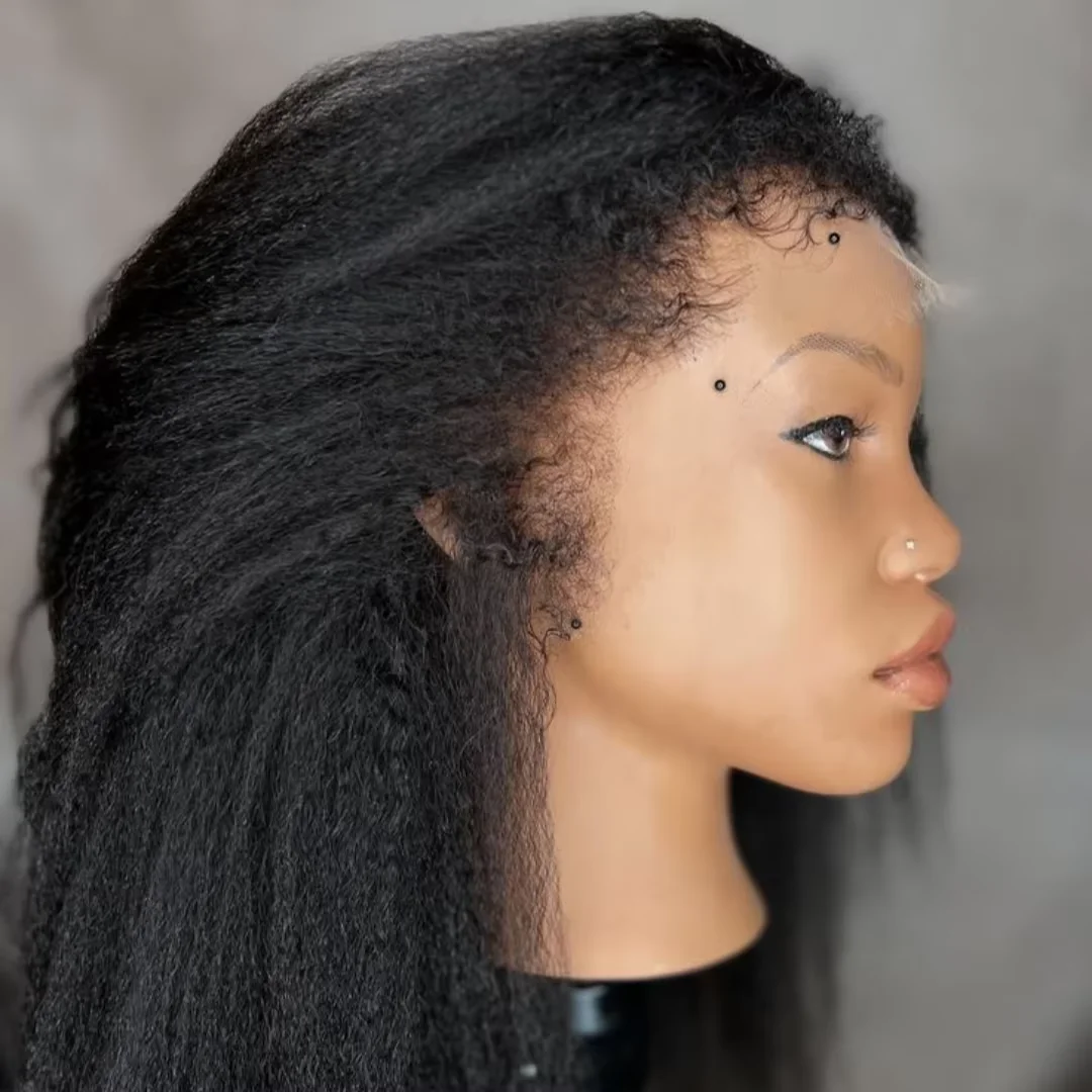 Natural Black 26“ Long Kinky Straight 180Density Yaki Glueless 13x4 Lace Front Wig For Women BabyHair Preplucked Heat Resistant
