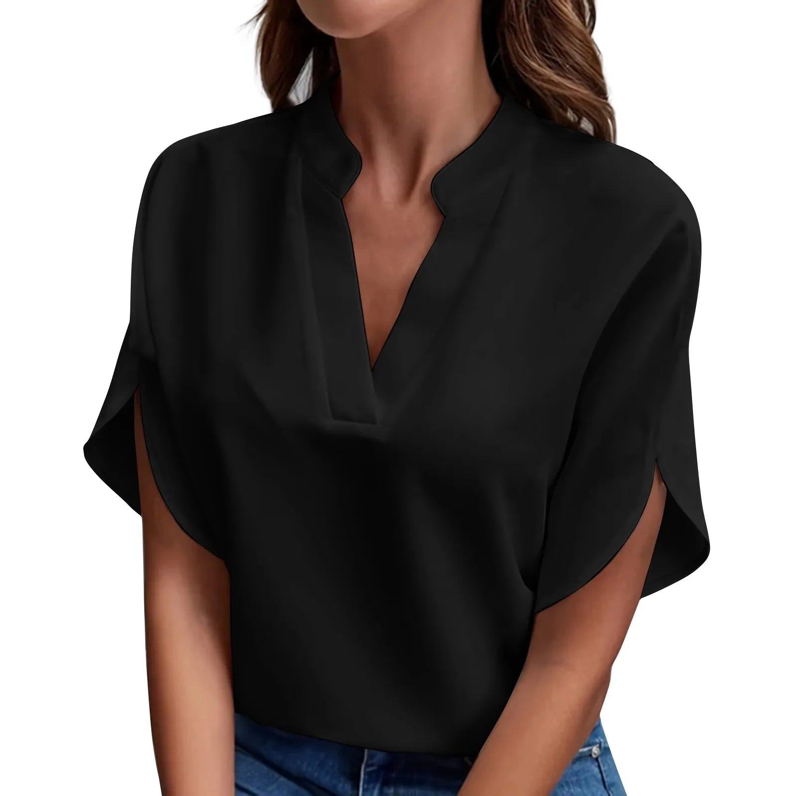 Summer Tops For Women Blouse 2026 Fashion Short Sleeve Solid V Neck Loose Shirts And Blouses Elegant Laies White Tops