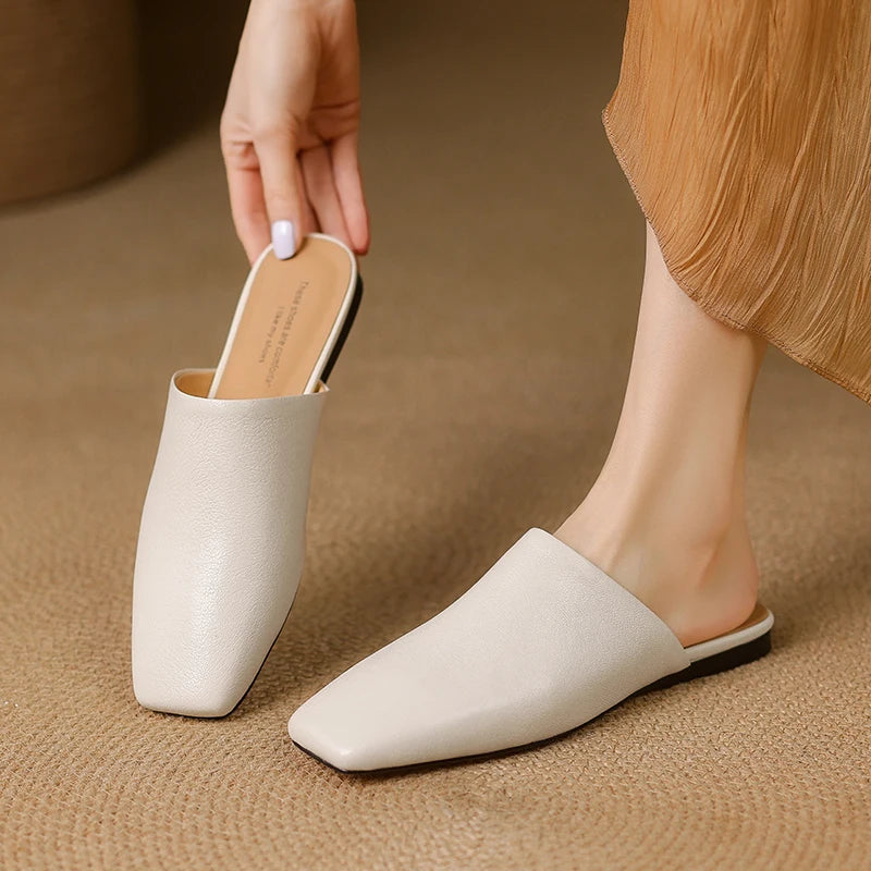 2026 Summer Women Shoes Square Toe Flat Shoes Slippers Fashion Cowhide Leather Shoes for Women Casual Mules for Women Sandals