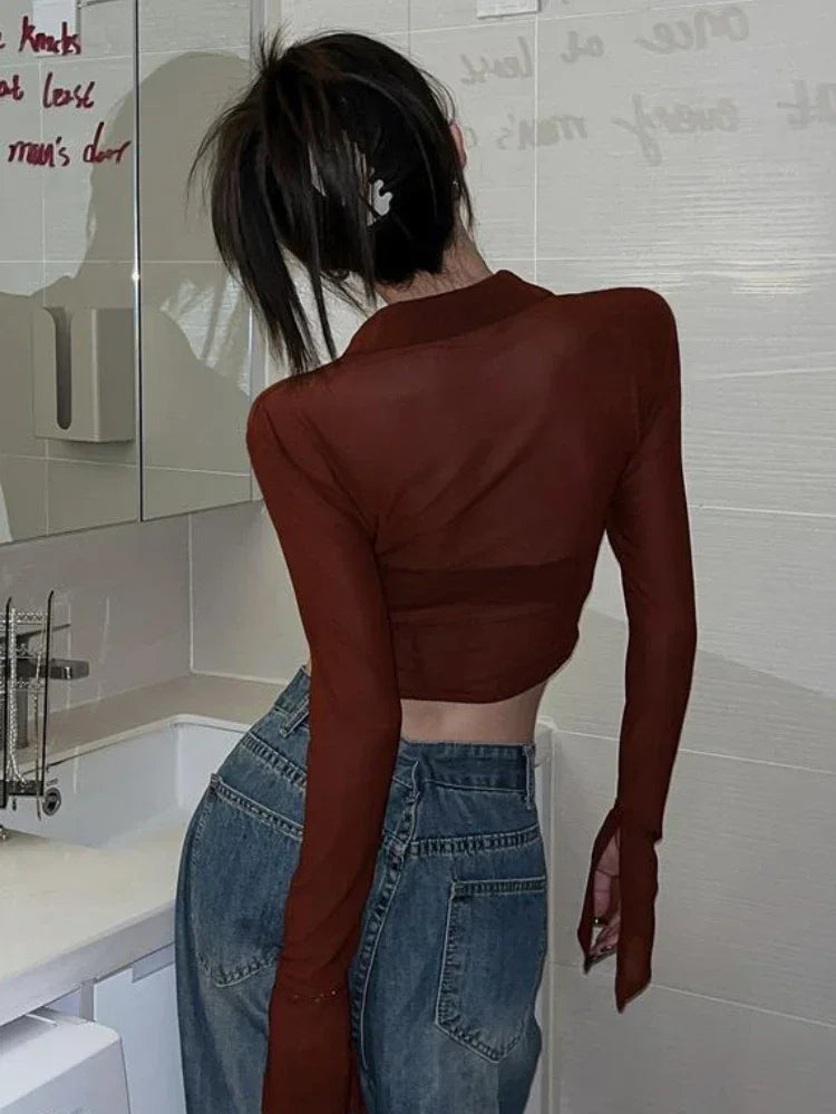 Streetwear Shirts for Women Turn-down Collar Young Students Fashion Clothing All-match Spring Summer Tops Sheer Thin Ins 2025
