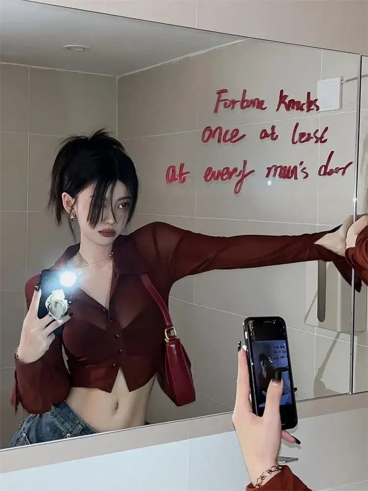Streetwear Shirts for Women Turn-down Collar Young Students Fashion Clothing All-match Spring Summer Tops Sheer Thin Ins 2025