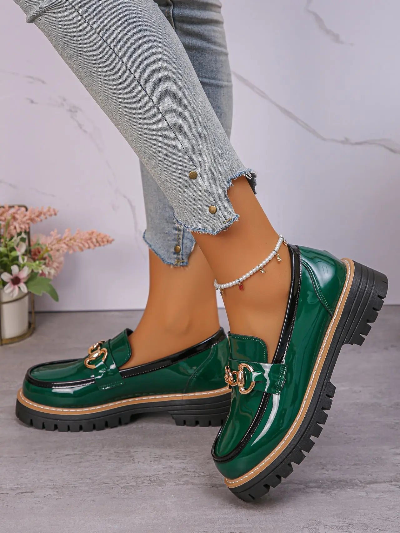 2026 Female Shoes Women Fashion Janes Round Toe Flats Loafers Oxfords Platform Casual Metal Chain Buckle Ladies Heels Black
