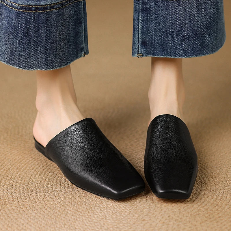 2026 Summer Women Shoes Square Toe Flat Shoes Slippers Fashion Cowhide Leather Shoes for Women Casual Mules for Women Sandals