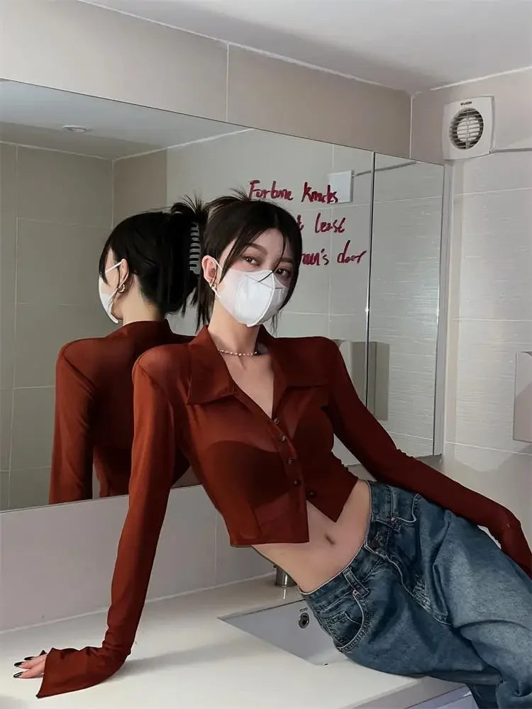 Streetwear Shirts for Women Turn-down Collar Young Students Fashion Clothing All-match Spring Summer Tops Sheer Thin Ins 2025
