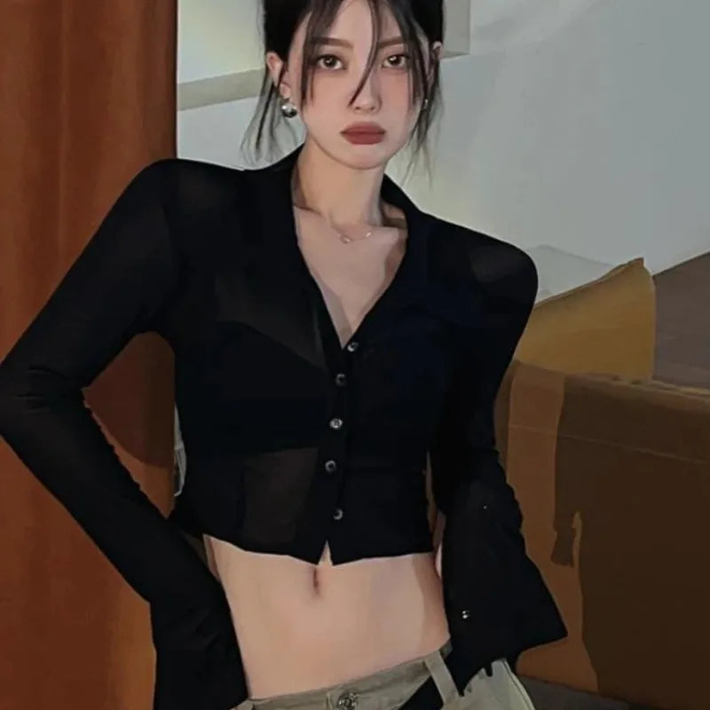 Streetwear Shirts for Women Turn-down Collar Young Students Fashion Clothing All-match Spring Summer Tops Sheer Thin Ins 2025