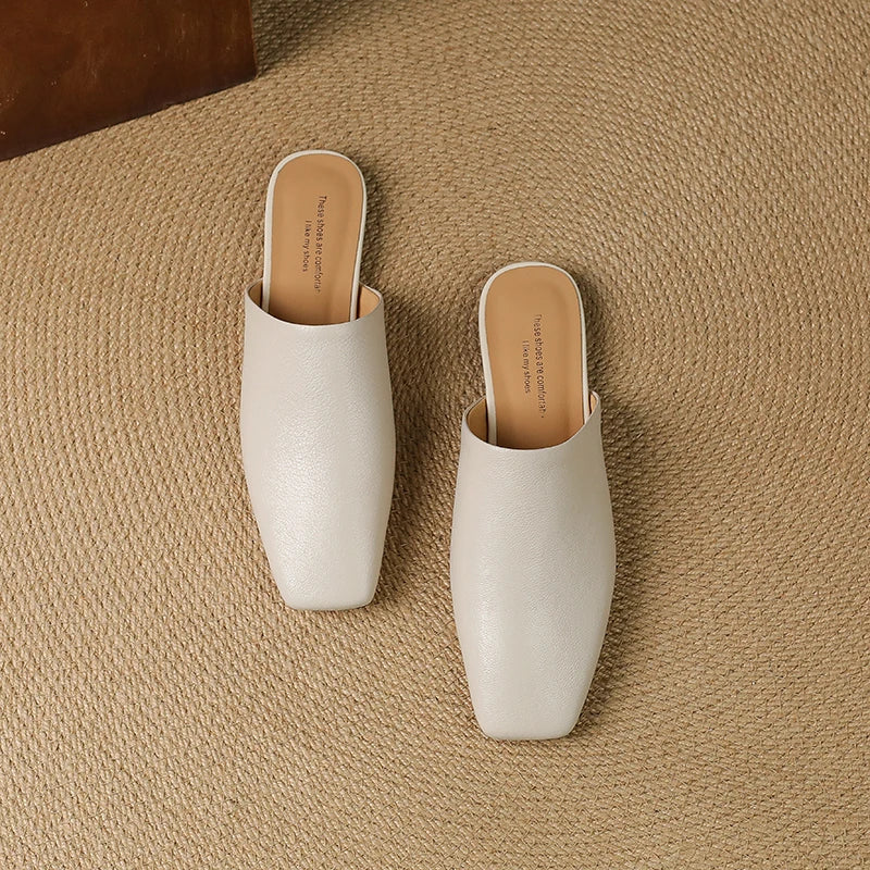 2026 Summer Women Shoes Square Toe Flat Shoes Slippers Fashion Cowhide Leather Shoes for Women Casual Mules for Women Sandals