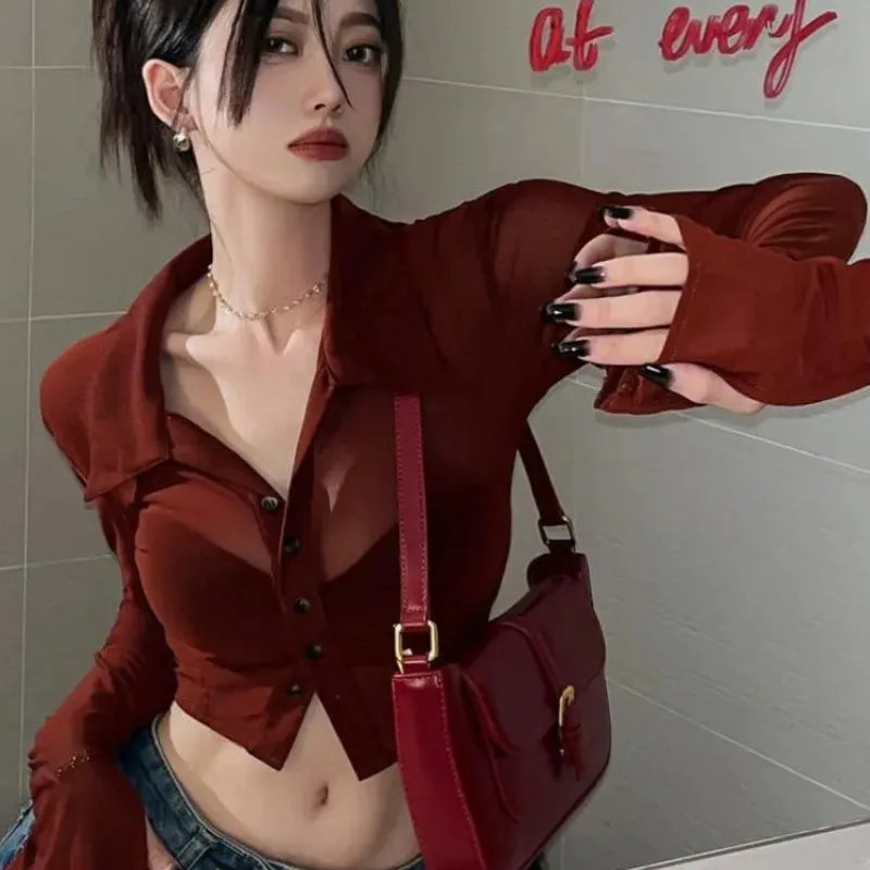 Streetwear Shirts for Women Turn-down Collar Young Students Fashion Clothing All-match Spring Summer Tops Sheer Thin Ins 2025