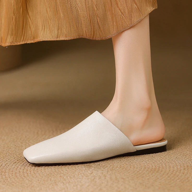 2026 Summer Women Shoes Square Toe Flat Shoes Slippers Fashion Cowhide Leather Shoes for Women Casual Mules for Women Sandals
