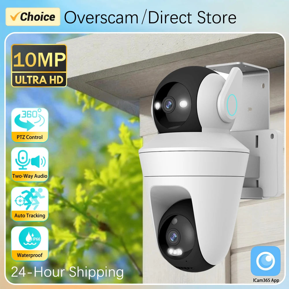 Security WIFI Camera Outdoor IP66 Waterproof Dual Lens HD 8MP 4K 10X Zoom WiFi CCTV Night Vision Two-Way Intercom  ICam365 APP