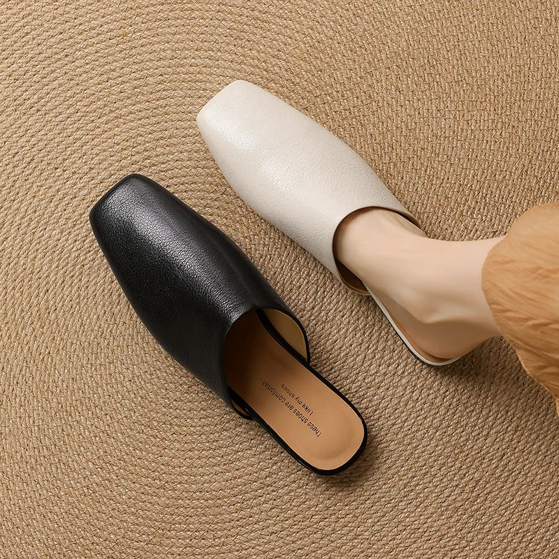 2026 Summer Women Shoes Square Toe Flat Shoes Slippers Fashion Cowhide Leather Shoes for Women Casual Mules for Women Sandals