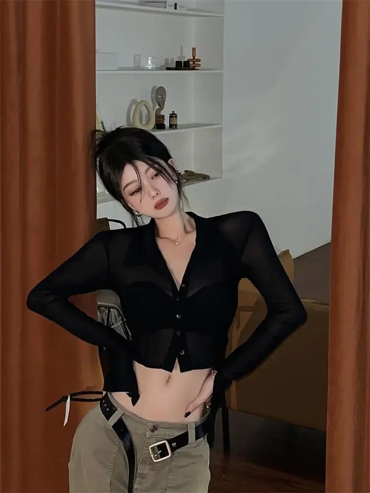 Streetwear Shirts for Women Turn-down Collar Young Students Fashion Clothing All-match Spring Summer Tops Sheer Thin Ins 2025
