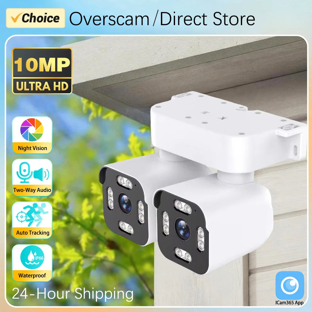 Security WIFI Camera Outdoor IP66 Waterproof Dual Lens HD 8MP 4K 10X Zoom WiFi CCTV Night Vision Two-Way Intercom  ICam365 APP