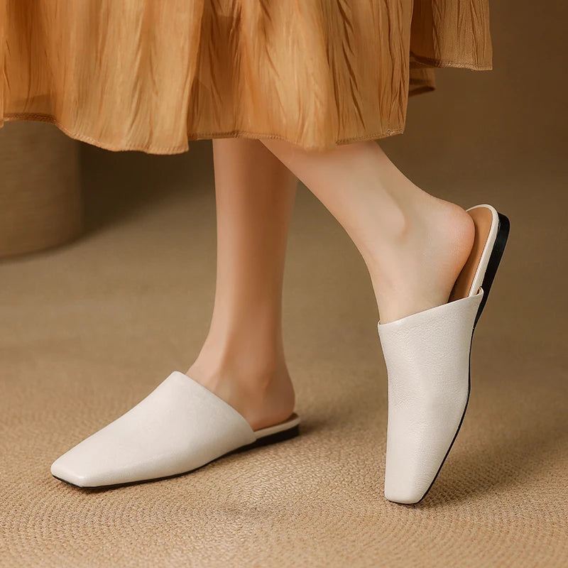 2026 Summer Women Shoes Square Toe Flat Shoes Slippers Fashion Cowhide Leather Shoes for Women Casual Mules for Women Sandals