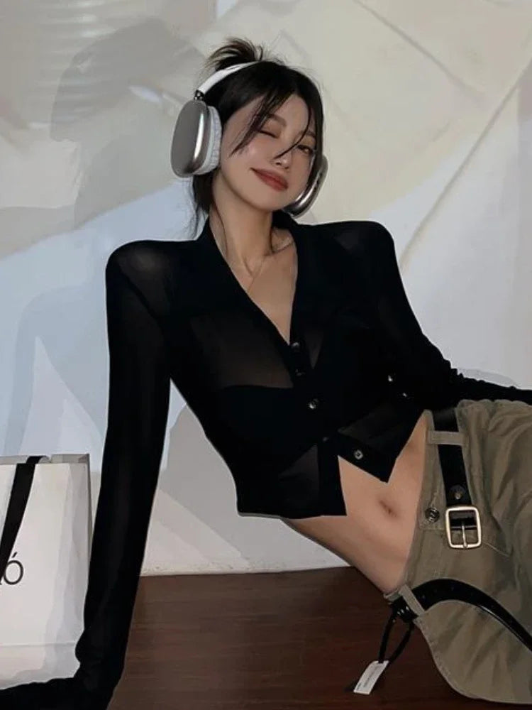 Streetwear Shirts for Women Turn-down Collar Young Students Fashion Clothing All-match Spring Summer Tops Sheer Thin Ins 2025