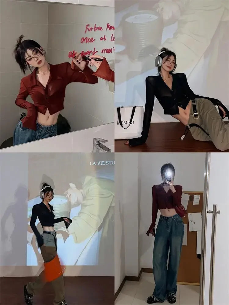 Streetwear Shirts for Women Turn-down Collar Young Students Fashion Clothing All-match Spring Summer Tops Sheer Thin Ins 2025