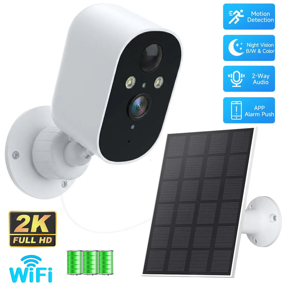 1080P Solar Security Camera Monitor Wireless Outdoor Home 2K Solar Battery Powered Camera Motion Alarm Two Way Audio Waterproof