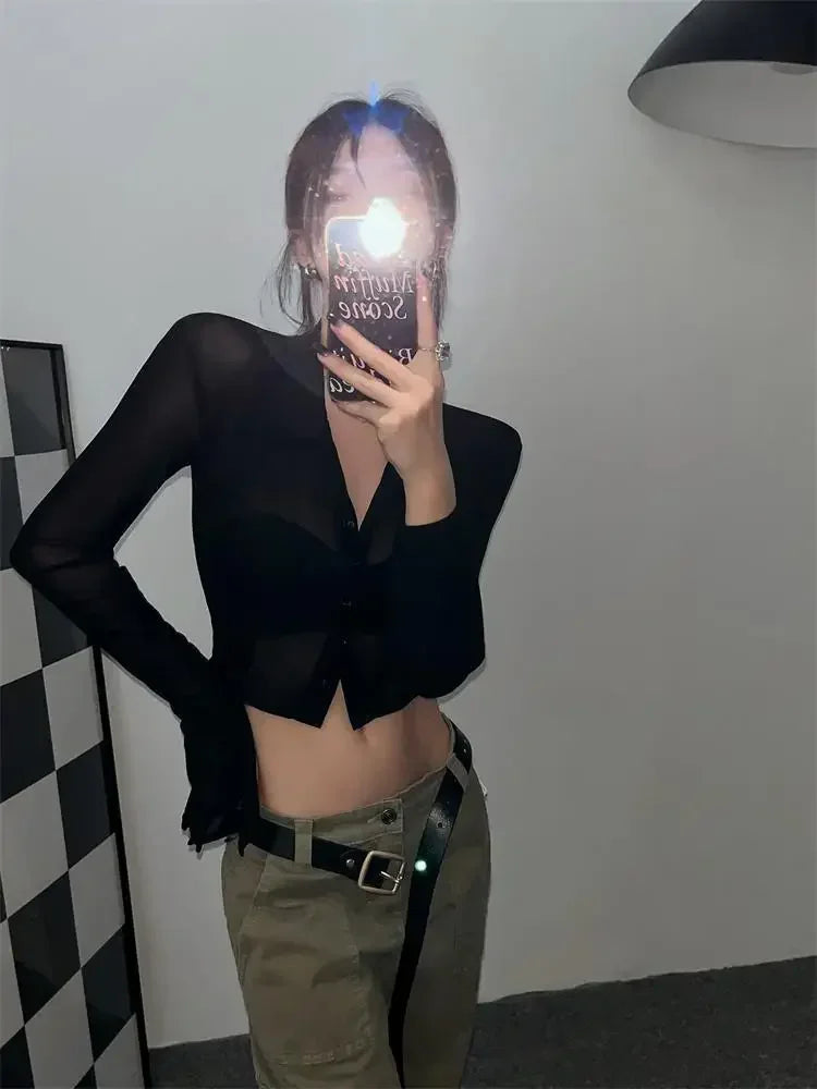 Streetwear Shirts for Women Turn-down Collar Young Students Fashion Clothing All-match Spring Summer Tops Sheer Thin Ins 2025