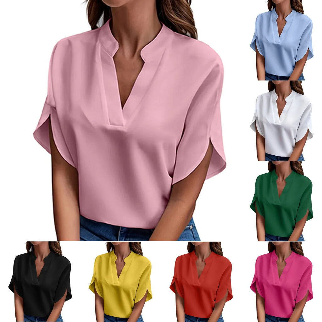 Summer Tops For Women Blouse 2026 Fashion Short Sleeve Solid V Neck Loose Shirts And Blouses Elegant Laies White Tops
