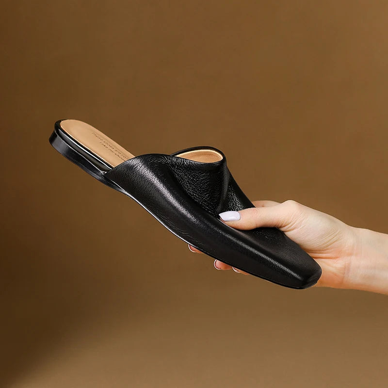2026 Summer Women Shoes Square Toe Flat Shoes Slippers Fashion Cowhide Leather Shoes for Women Casual Mules for Women Sandals