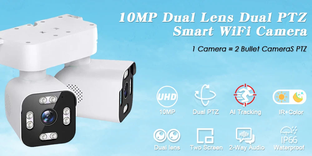 Security WIFI Camera Outdoor IP66 Waterproof Dual Lens HD 8MP 4K 10X Zoom WiFi CCTV Night Vision Two-Way Intercom  ICam365 APP