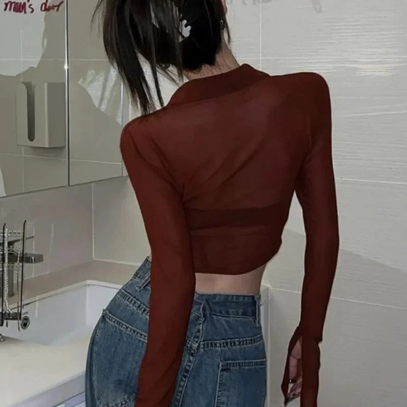Streetwear Shirts for Women Turn-down Collar Young Students Fashion Clothing All-match Spring Summer Tops Sheer Thin Ins 2025