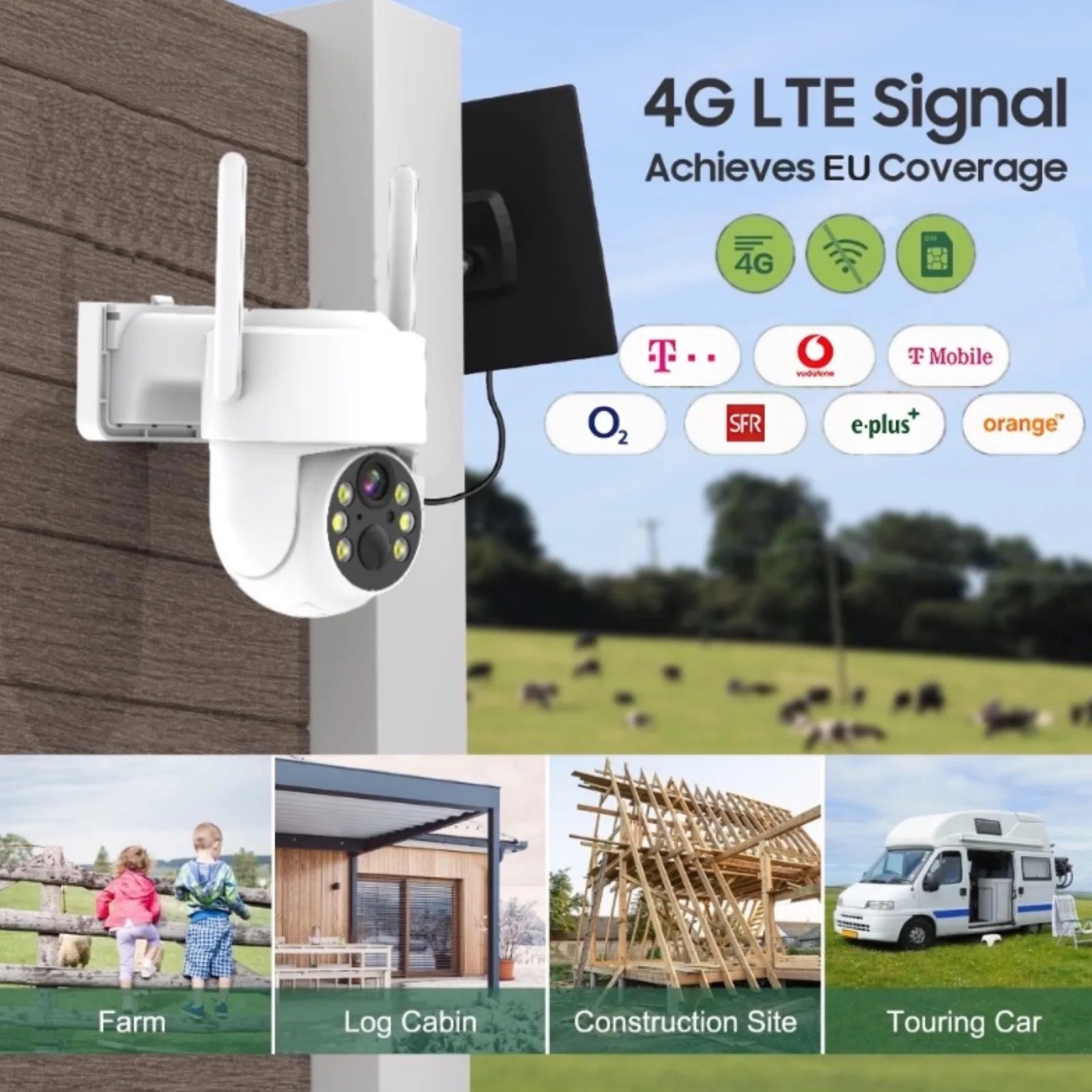 4G LTE Cellular Security Camera  For Achieves EU Coverage 2K Solar Powered Battery Cameras 355°PTZ Color Night Vision