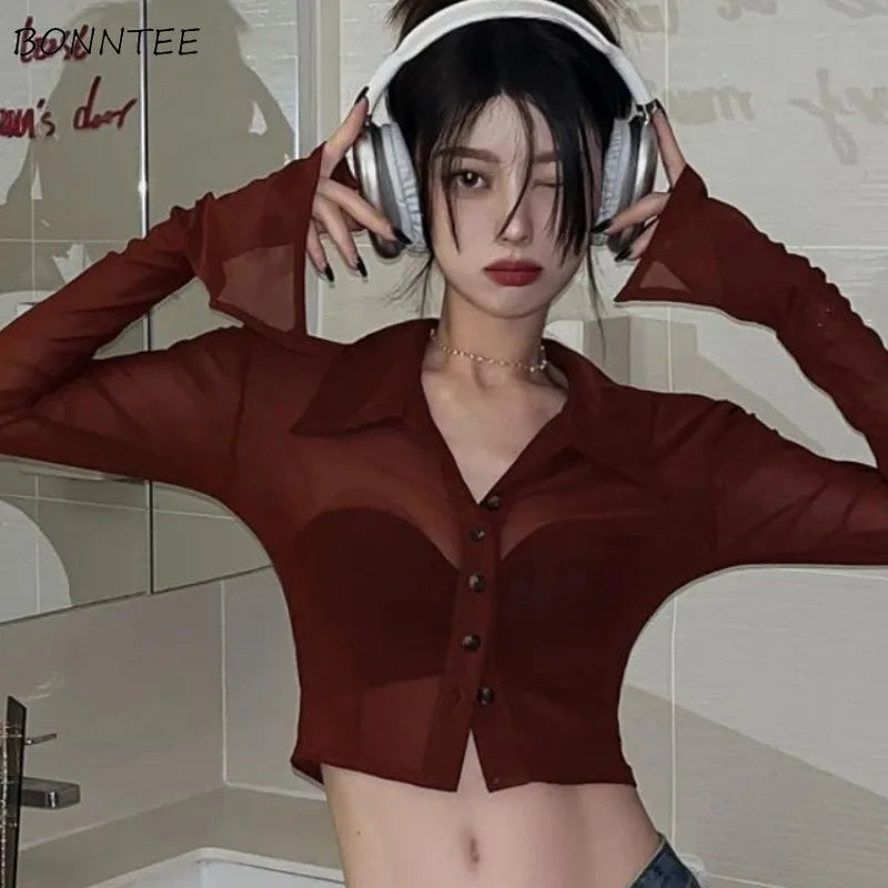 Streetwear Shirts for Women Turn-down Collar Young Students Fashion Clothing All-match Spring Summer Tops Sheer Thin Ins 2025
