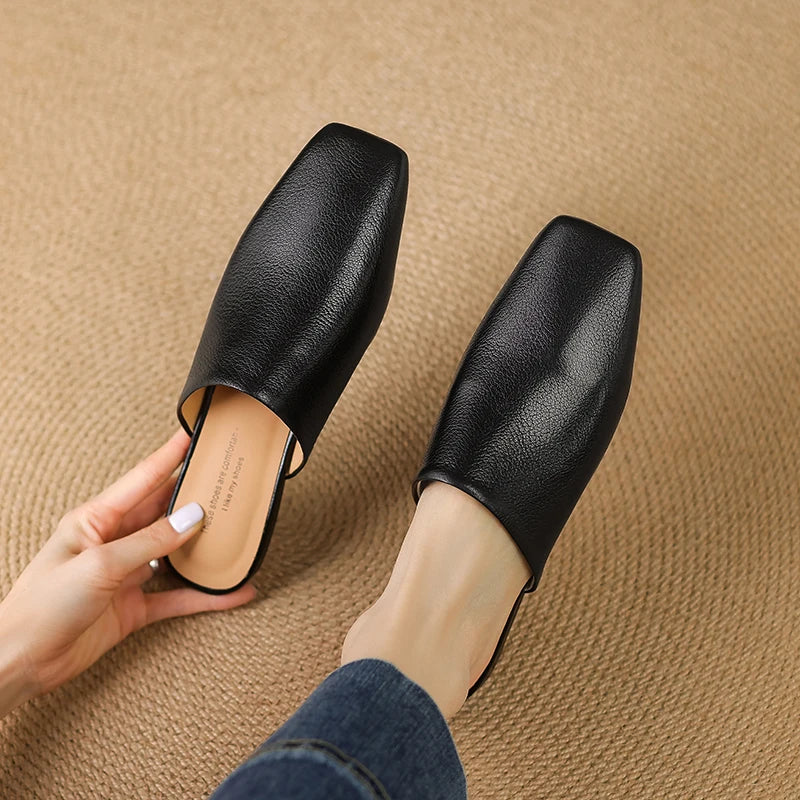 2026 Summer Women Shoes Square Toe Flat Shoes Slippers Fashion Cowhide Leather Shoes for Women Casual Mules for Women Sandals