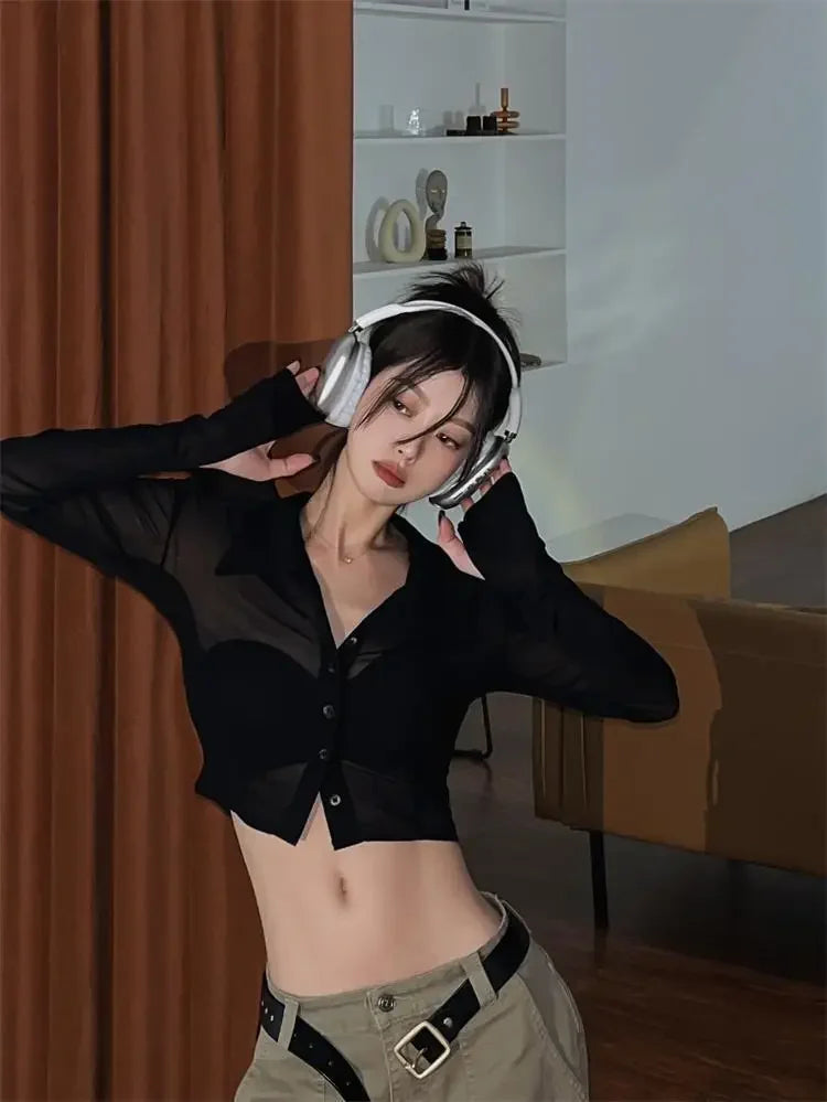 Streetwear Shirts for Women Turn-down Collar Young Students Fashion Clothing All-match Spring Summer Tops Sheer Thin Ins 2025