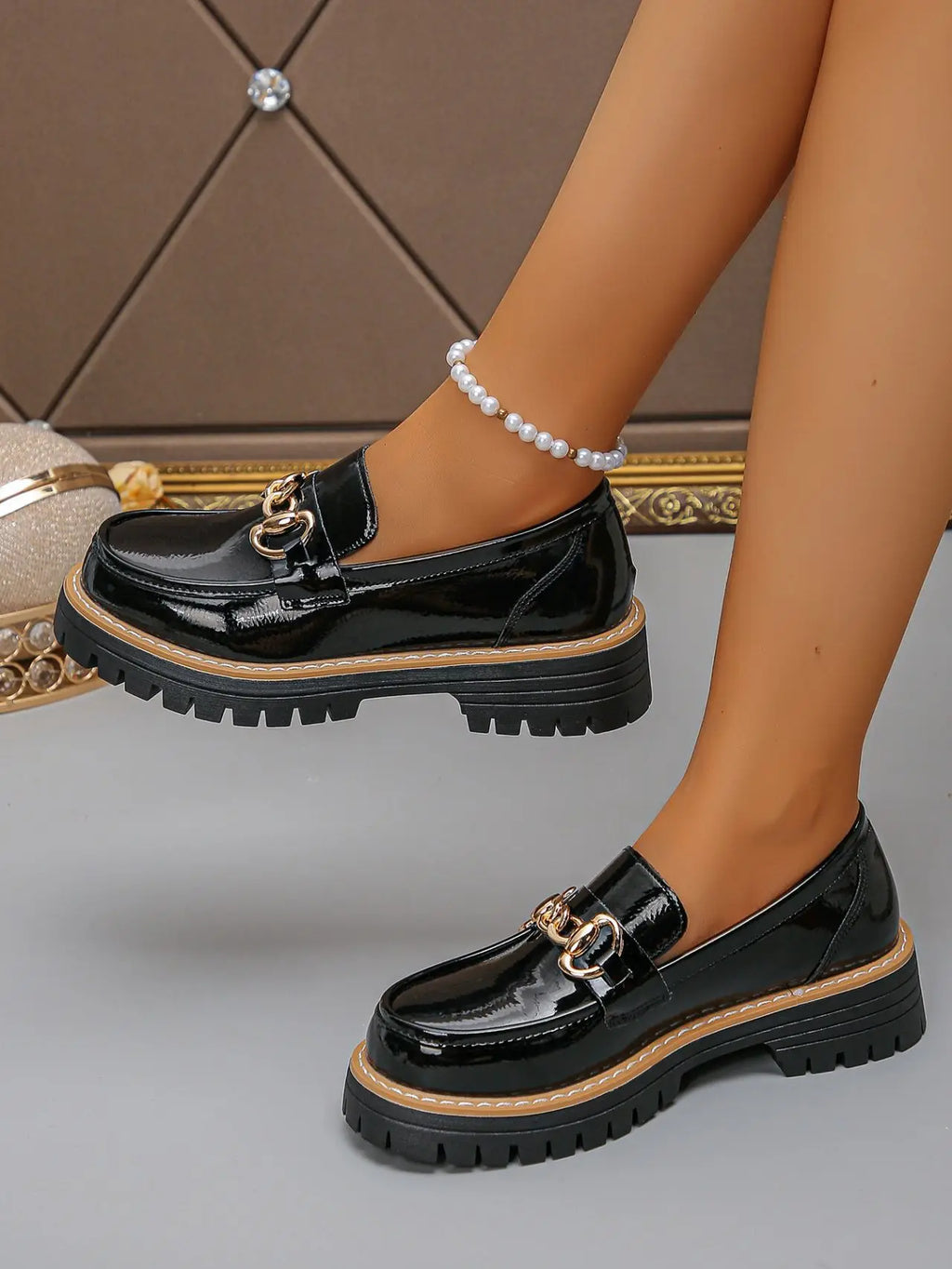 2026 Female Shoes Women Fashion Janes Round Toe Flats Loafers Oxfords Platform Casual Metal Chain Buckle Ladies Heels Black