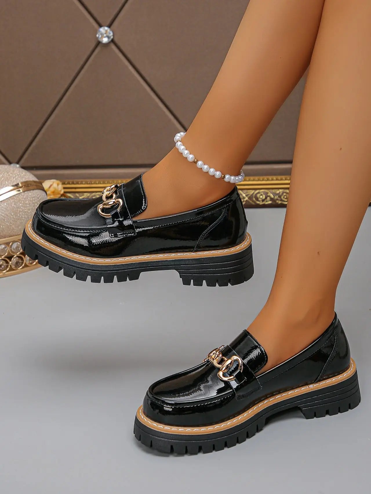 2026 Female Shoes Women Fashion Janes Round Toe Flats Loafers Oxfords Platform Casual Metal Chain Buckle Ladies Heels Black