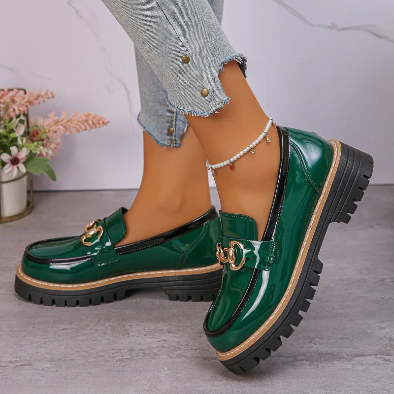 2026 Female Shoes Women Fashion Janes Round Toe Flats Loafers Oxfords Platform Casual Metal Chain Buckle Ladies Heels Black