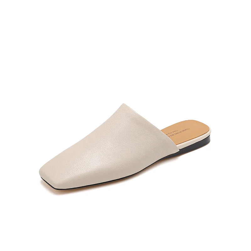 2026 Summer Women Shoes Square Toe Flat Shoes Slippers Fashion Cowhide Leather Shoes for Women Casual Mules for Women Sandals