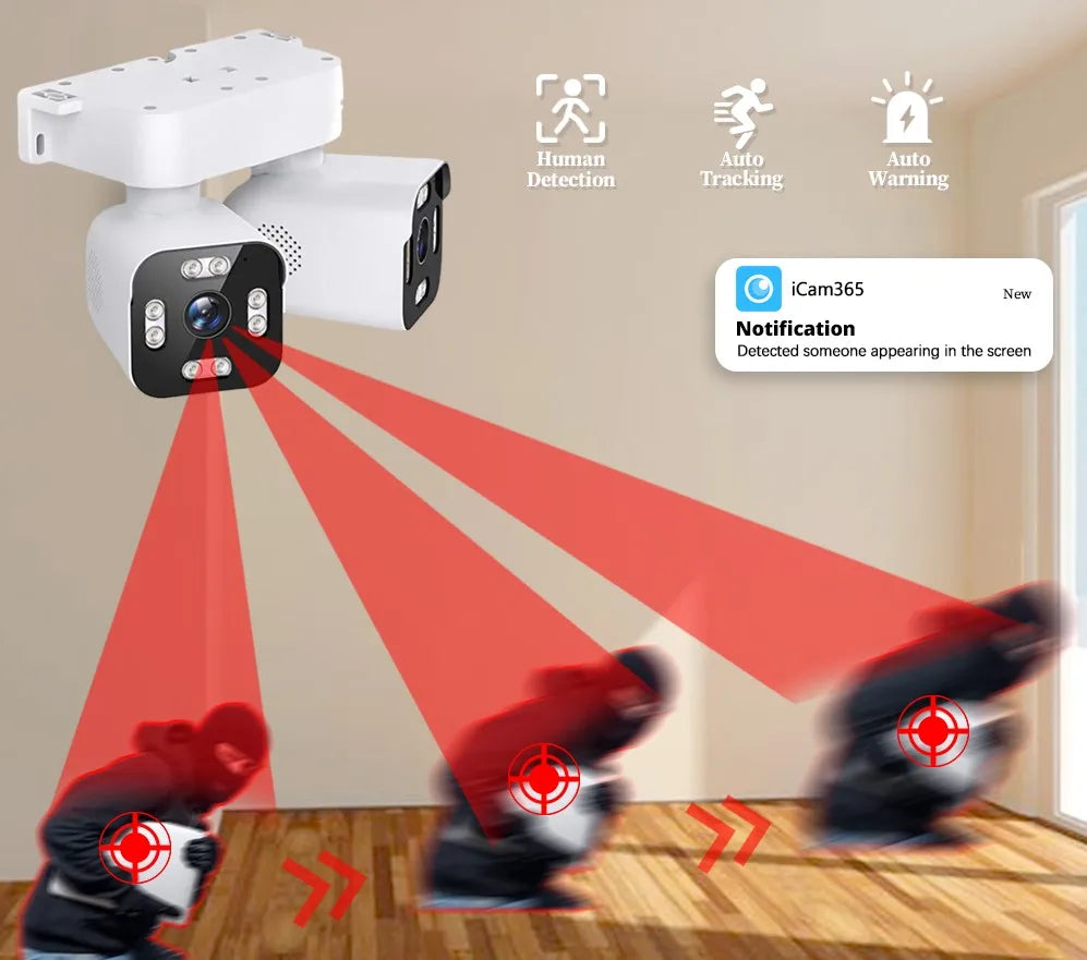 Security WIFI Camera Outdoor IP66 Waterproof Dual Lens HD 8MP 4K 10X Zoom WiFi CCTV Night Vision Two-Way Intercom  ICam365 APP