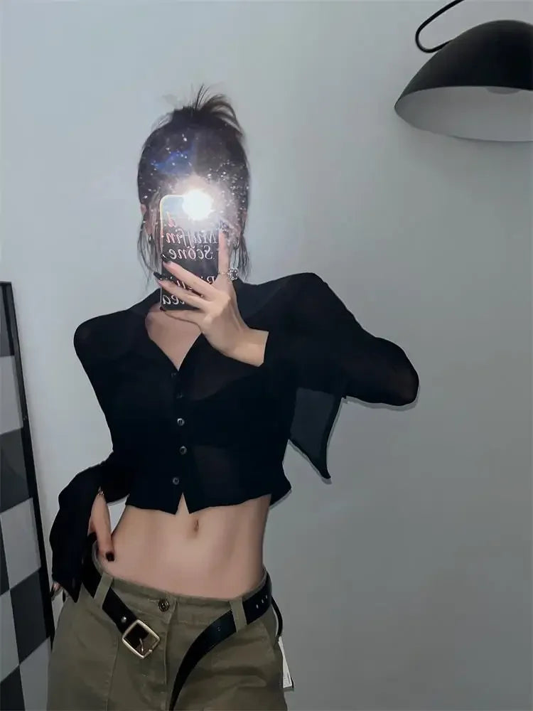 Streetwear Shirts for Women Turn-down Collar Young Students Fashion Clothing All-match Spring Summer Tops Sheer Thin Ins 2025