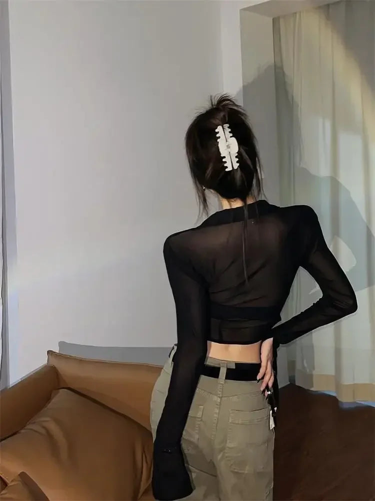 Streetwear Shirts for Women Turn-down Collar Young Students Fashion Clothing All-match Spring Summer Tops Sheer Thin Ins 2025