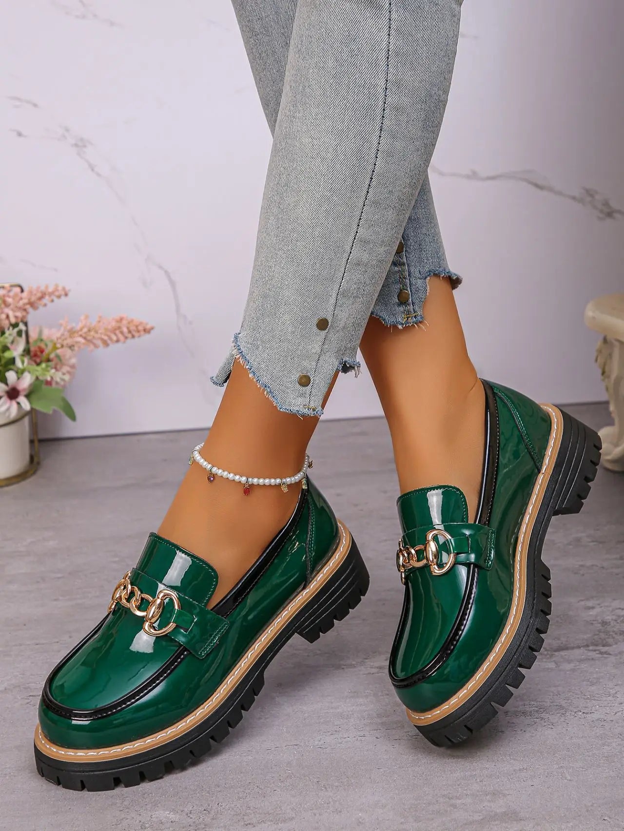 2026 Female Shoes Women Fashion Janes Round Toe Flats Loafers Oxfords Platform Casual Metal Chain Buckle Ladies Heels Black
