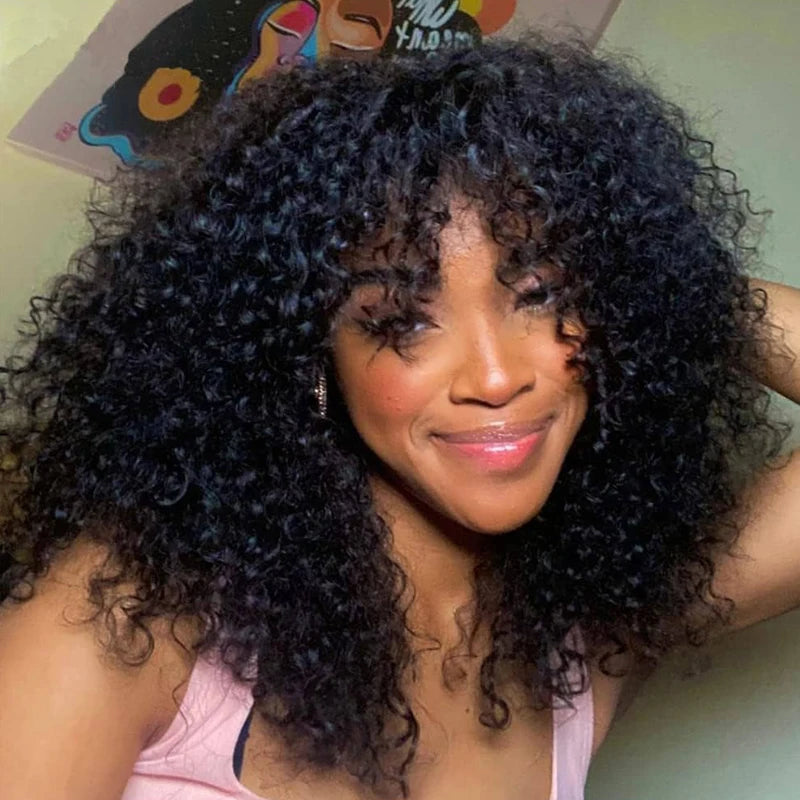 Short Curly Human Hair Wigs for Black Women Natural Color Kinky Curly Wigs with Bangs Brazilian Remy Hair Short Bob Wigs