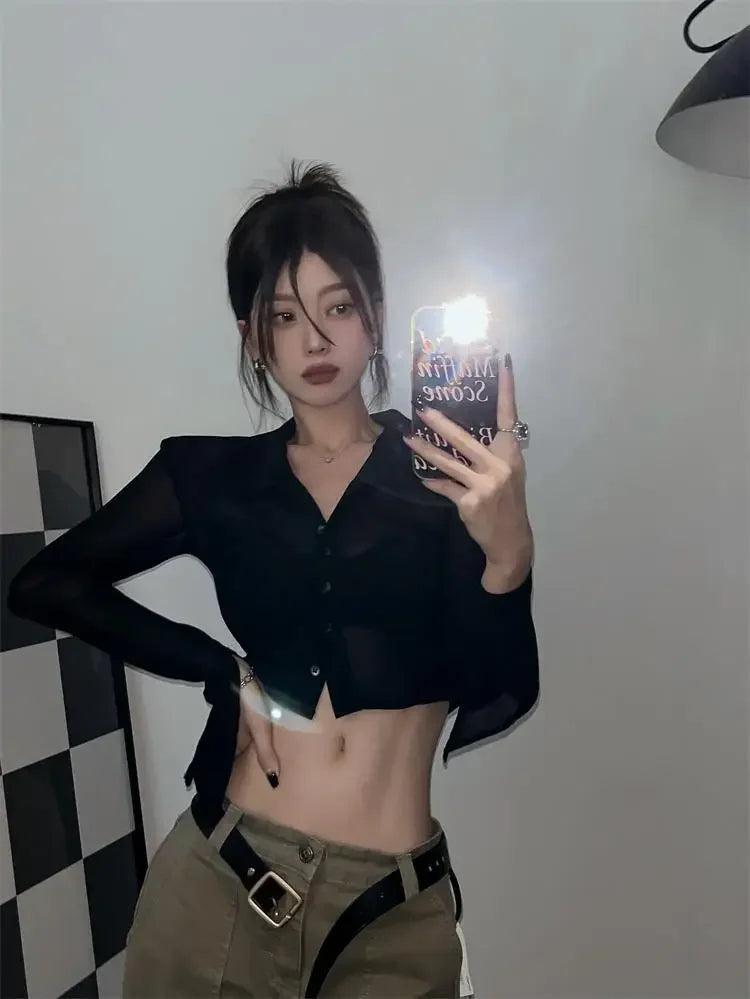 Streetwear Shirts for Women Turn-down Collar Young Students Fashion Clothing All-match Spring Summer Tops Sheer Thin Ins 2025